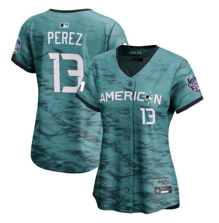 Women's Kansas City Royals #13 Salvador Perez Teal 2023 All-star Stitched Baseball Jersey(Run Small)
